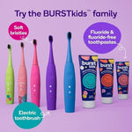 Pink BURST kids toothpaste tube with bubblegum bonanza branding