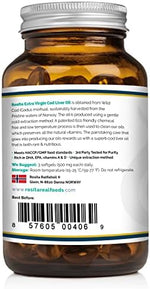 Sustainably sourced wild caught Norwegian cod liver oil softgels packaging showing supplement facts