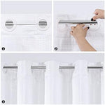 Luxury hotel grade bathroom decor showcasing the full length MitoVilla hookless white shower curtain.