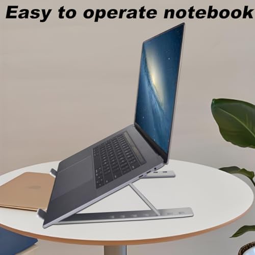 Foldable silver computer stand collapsed flat for travel and portability
