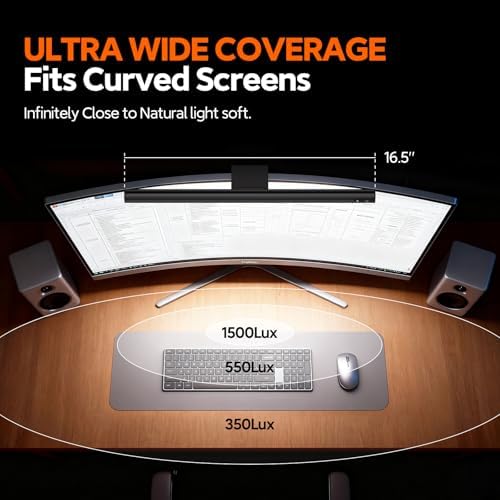 LYMAX screen light bar setup highlighting the wireless dial remote controller sitting on a wooden desk workspace.