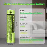 Eight pieces of 400mAh 1.2V Ni-MH AAA batteries arranged neatly outside the box.