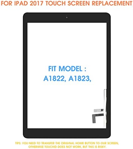 ARSSLY touch screen digitizer replacement for iPad 2017 displaying the pre-installed home button flex cable attachment.