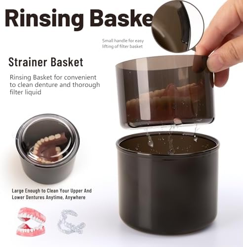 Denture Case, Leak Proof Denture Bath Cup, Full & Partial Denture Clean Holder Box with Strainer, Denture Brush, Denture Soaking Container Cups for Dentures, Retainers, Mouth Guard Storage Case -Black - Image 4