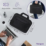 Targus business shoulder bag close up highlighting the front zippered workstation organized with pens and phone.
