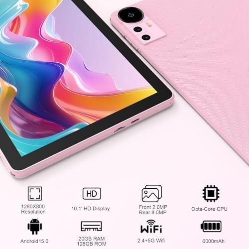 Android 15 Tablet 10 Inch, 20GB RAM+128GB ROM/ 2TB Expandable, 2.0GHz Quad-core Processor, 1280*800 HD Screen, 5G WiFi6 BT 5.0, 2 in 1 Tablets with Keyboard Case Mouse Stylus, Widevine L1 Pink - Image 4