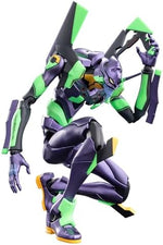 Close up view of the pre painted head sculpt and advanced dual joint shoulder articulation of the Blokees Eva 01 figure
