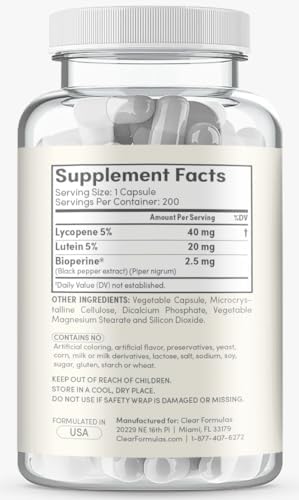 Clear Formulas Lycopene and Lutein supplement packaging showing antioxidant health benefits
