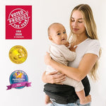 Ergonomic premium toddler hip seat carrier with integrated diaper bag storage compartments.