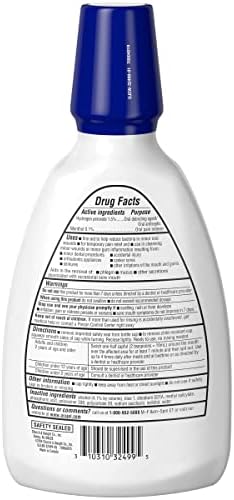 Alcohol-free Orajel mouthwash for sensitive gums with mint flavor details.