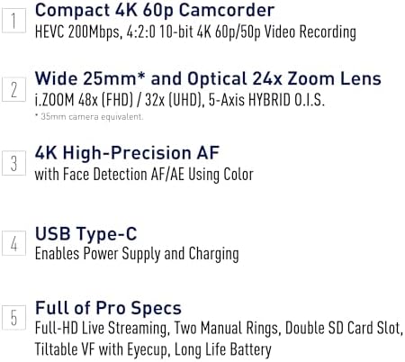 Panasonic X1600 4K Camcorder for Directors, Wide Angle Telephoto Lens with 24x Zoom, Hybrid O.I.S., 4K High-Precision AF with Face Detection, Heat Dispersing Design, Wireless Controls - HC-X1600 - Image 4