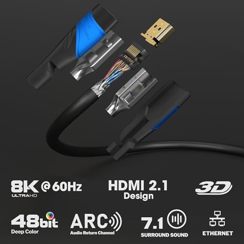 German engineered high speed HDMI cord showing the durable multi layer shielding.