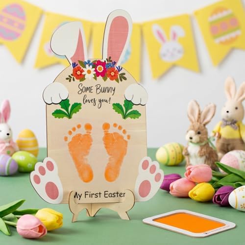 The Style Sutra Easter milestone sign highlighting the non toxic ink pad kit and smooth wood textures