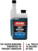 STA-BIL 360 Marine fuel stabilizer blue liquid showing the measurement markers on the bottle packaging