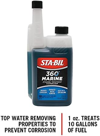 STA-BIL 360 Marine fuel stabilizer blue liquid showing the measurement markers on the bottle packaging