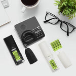 Complete retail packaging of the four piece Ni-MH AAA electronics battery set.