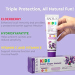 Radius kids toothpaste packaging highlighting vitamin C and E immune support.
