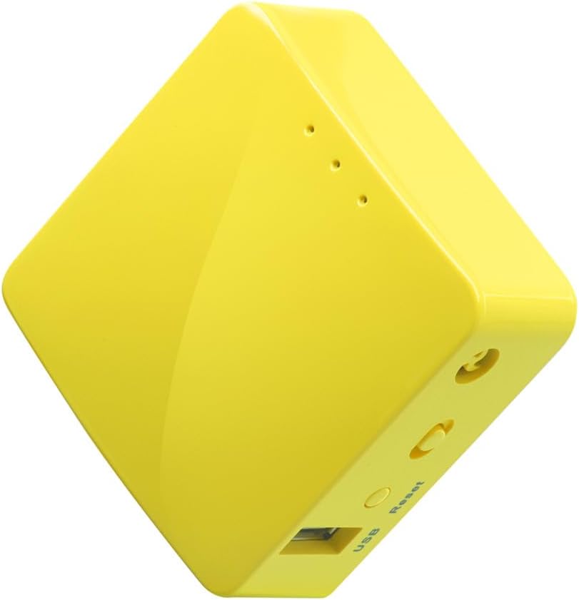 GL.iNet GL-MT300N-V2 Mango portable mini travel router front view showcasing compact yellow design.