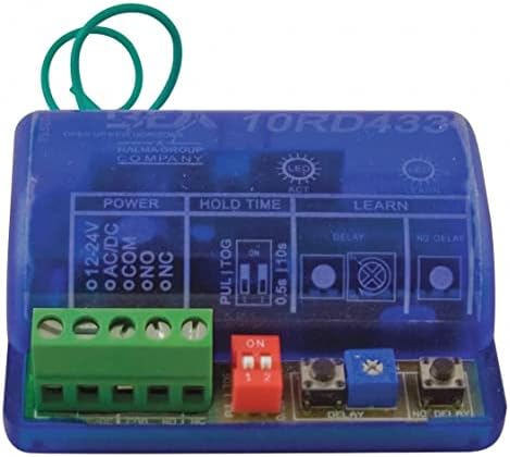 BeA 433 Megahertz wireless door automation receiver displaying green terminal block wiring connections