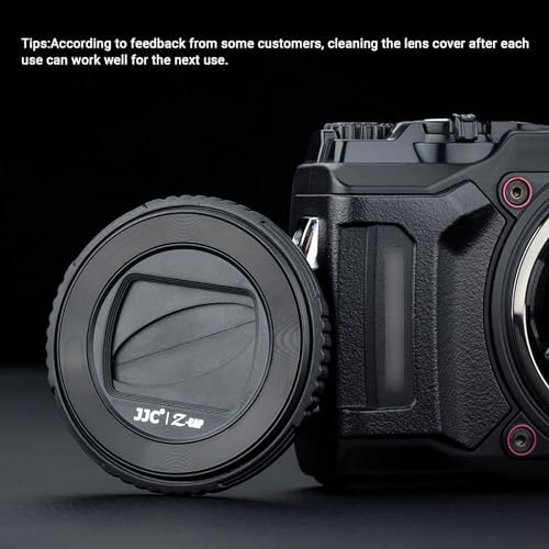 Side view of JJC slim profile rotating lens cap attached to an Olympus Tough action camera setup.