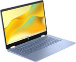Side profile view of the slim Serenity Blue HP Chromebook highlighting the USB Type-C connectivity ports