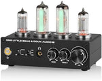 Douk Audio T9 turntable preamplifier top angle featuring glowing 6A2 and 6E2 vacuum tubes