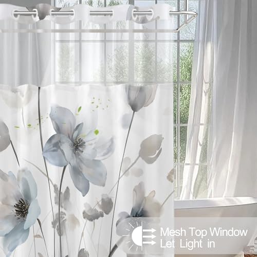 Hookless fabric shower curtain built in open grommets close up
