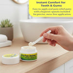 Hygienic application spatula alongside ORCA 0.25 Ounce dental discomfort putty jar