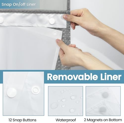 Sheer mesh viewing window at the top of the grey shower curtain set.