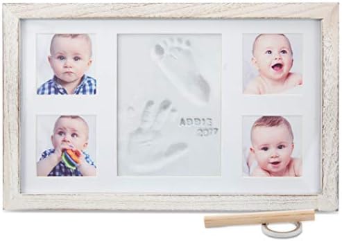 Rustic white baby picture frame with interchangeable mats showing a baby photo and footprint.
