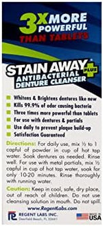 Back label of Stain-Away Plus Denture Cleanser detailing the full ingredients and safety warnings.