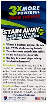 Back label of Stain-Away Plus Denture Cleanser detailing the full ingredients and safety warnings.