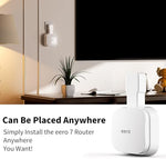 Minimalist living room setup showcasing elevated eero mesh network device using drill free mount