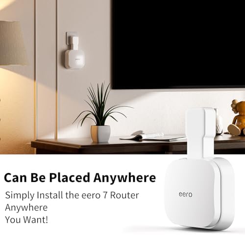 Minimalist living room setup showcasing elevated eero mesh network device using drill free mount