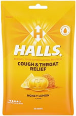 Halls honey lemon cough drops 30 count pouch back label