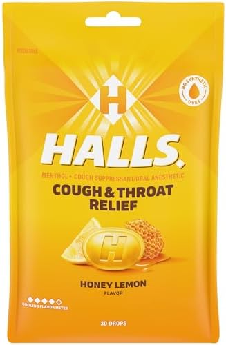 Halls honey lemon cough drops 30 count pouch back label