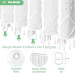 Full length view of the wrinkle free 72x72 inches Dynamene white fabric curtain hanging elegantly next to a bathtub.
