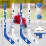 Four plastic mini hockey sticks in white and blue team colors
