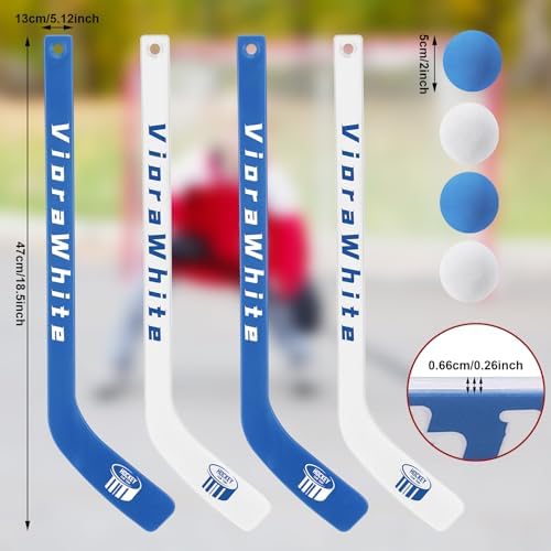 Four plastic mini hockey sticks in white and blue team colors