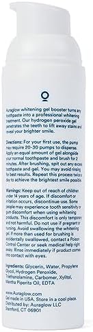 Side view of Auraglow oral care whitening gel booster bottle highlighting the authentic enamel safe formula