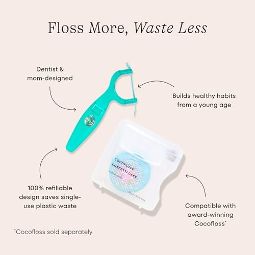 Sustainable kids dental floss handle product set on a clean bathroom counter background