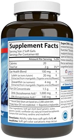 Carlson Super DHA Plus Lutein dietary supplement packaging showing supplement facts panel and ingredients list.