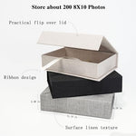 Beige linen photo keeper box showing flip-top lid