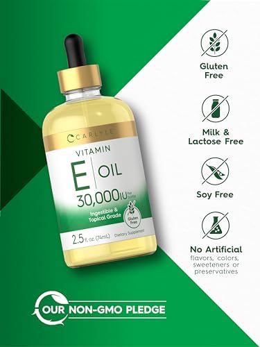 Close up of Carlyle high potency antioxidant vitamin E oil drops for skin hydration