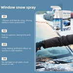 Automotive winter deicing spray being applied directly onto a heavily frosted vehicle window.