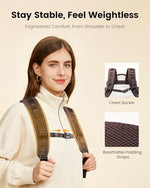 LOVEVOOK personal item travel bag side view highlighting the ergonomic padded shoulder straps and adjustable chest strap buckle.