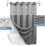 Bottom corner magnets embedded in the weighted hem of the bath curtain.