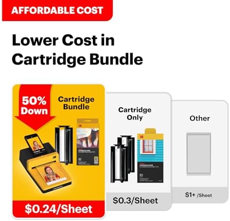 KODAK Dock ERA Plus desktop photo printer side profile with paper tray attached and fifty sheets bundle.