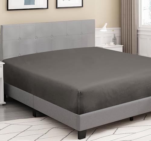 Grey queen size fitted sheet on a comfortable mattress