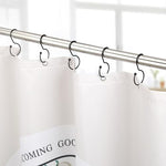 Twelve pieces of Goowin premium rust resistant bathroom curtain rings laid out neatly to showcase packaging contents
